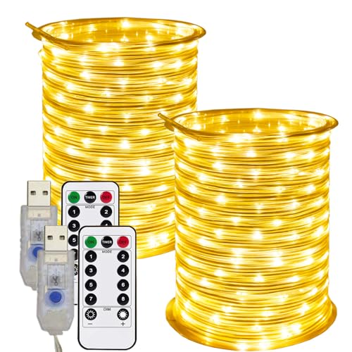 RcStarry 2 Stück Durchmesser 3mm USB LED Lichtschlauch Außen, 100 LEDs 10 Meter Wasserdicht Schlauch Lichterkette 8 Modi mit Fernbedienung Dekoration für Weihnachten, Garten, Hochzeit - Warmweiß von RcStarry