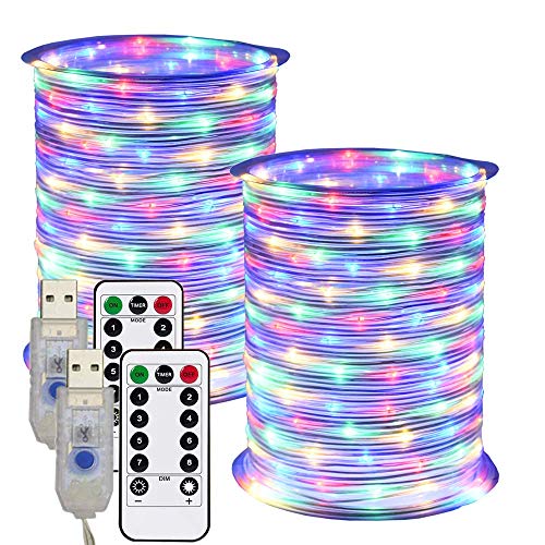 RcStarry 2 Stück USB LED Lichtschlauch 100 LEDs 12 Meter, IP68 Wasserdicht 8 Modi mit Fernbedienung und Timer DIY Dekoration für Innen Außen Weihnachten, Garten, Hochzeit - Bunt von RcStarry