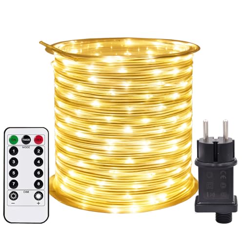 RcStarry New 10M 100LEDs Lichterschlauch Strombetrieben Lichterkette mit Fernbedienung & Timer, 8 Modi, Durchmesser 3mm Lichtschlauch IP67 Wasserdicht für Außen Innen Weihnachten DIY Deko- Warmweiß von RcStarry