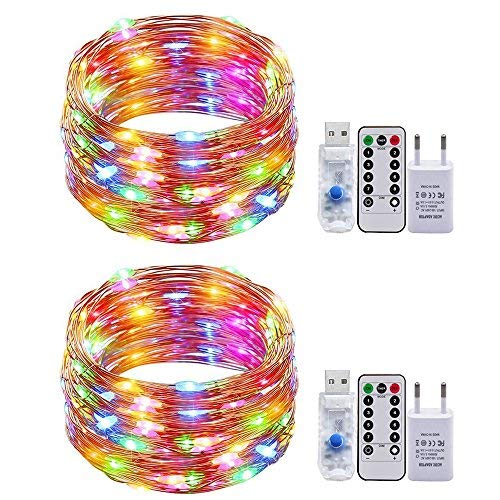 RcStarry USB-Schnur-Lichter, (TM) 2er stück 10M 100 LEDs Kupferdraht Lichterkette Wasserdichte USB LED Kupfer Sternenlicht mit 8-Tasten Fernbedienung und Energie-Adapter, Innen- und Außendeko - Bunt von RcStarry