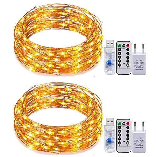 USB-Schnur-Lichter,RcStarry(TM) 2er stück 10M 100 LEDs Kupferdraht Lichterkette Wasserdichte USB LED Kupfer Sternenlicht mit 8-Tasten Fernbedienung und Energie-Adapter, Innen und Außendeko - Warmweiß von RcStarry