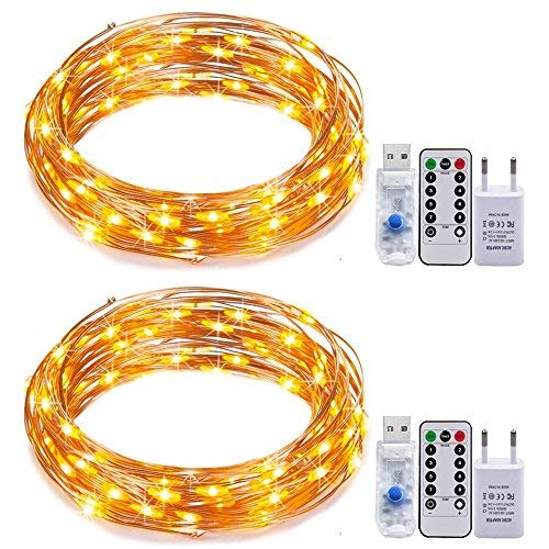 USB-Schnur-Lichter,RcStarry(TM) 2er stück 5M 50 LEDs Kupferdraht Lichterkette Wasserdichte USB LED Kupfer Sternenlicht mit 8-Tasten Fernbedienung und Energie-Adapter , Innen- und Außendeko - Warmweiß von RcStarry