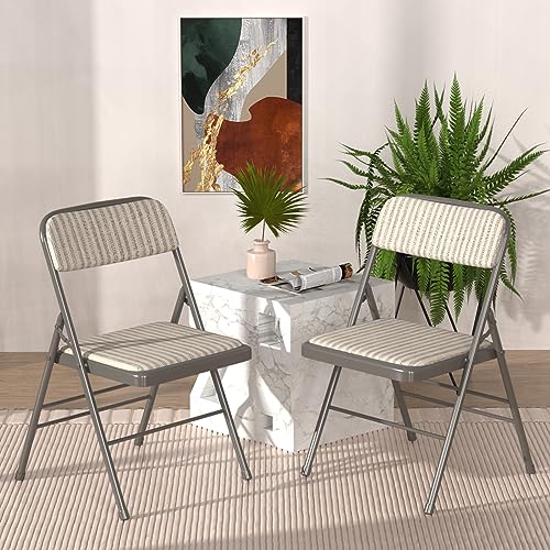 2er Set Klappstuhl Gepolstert, Beige-Grau Gestreifter Klappstühle Mit Metallgestell, Klappsessel aus Stoff, Campingstuhl Klappstuhl Balkon Garten Stühle Folding Chair für Gäste und Veranstaltungen von Rcynview