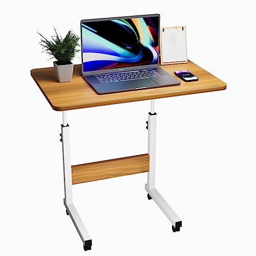 60x40cm Schreibtisch Höhenverstellbarer Tisch Computertisch mit Mobiler Rollen, Stabil Beistelltisch, Beige Sitz-Stehpult Laptoptisch mit Holz Tischplatte, Tischbeine Höhenverstellbar für Home office von Rcynview