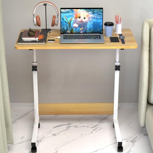 80x40cm Schreibtisch Höhenverstellbarer Tisch Computertisch mit Mobiler Rollen, Stabil Beistelltisch, Sitz-Stehpult Laptoptisch mit Holz Tischplatte, Tischbeine Höhenverstellbar für Home office, Beige von Rcynview