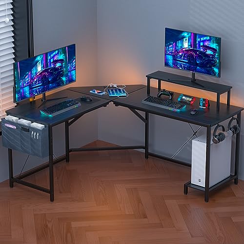 Gaming Tisch mit ladefunktion, L Form Schreibtisch, Eckschreibtisch für Büro, L-förmiger Pc Ecktisch Computertisch 160X135 cm mit Monitorständer, Platzsparend, Einfach zu Montieren Eck Tisch, Schwarz von Rcynview