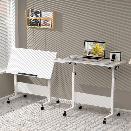 Klapptisch Laptoptisch höhenverstellbarer Schreibtisch mit drehbarer Rollen Portable Faltbar PC Tisch Klein Campingtisch klappbar Arbeitstisch, 80 x 40 cm Weiß Foldable Table für Homeoffice Büro von Rcynview