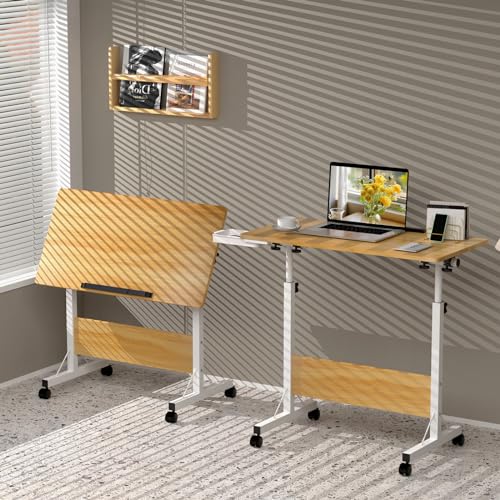 Klapptisch Laptoptisch höhenverstellbarer Schreibtisch mit drehbarer Rollen Portable Faltbar PC Tisch Klein Campingtisch klappbar Beige Arbeitstisch, 80 x 40 cm Foldable Table für Homeoffice Büro von Rcynview