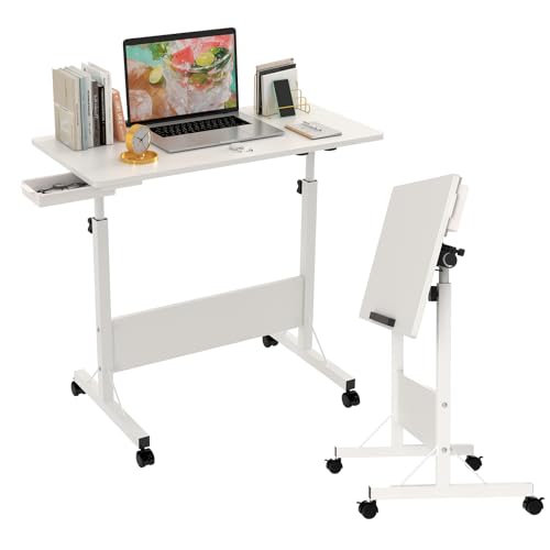 Klapptisch Laptoptisch höhenverstellbarer Schreibtisch mit drehbarer Rollen Portable Faltbar PC Tisch Klein Campingtisch klappbar Weiß Arbeitstisch, 80x40x65-88cm Foldable Table für Homeoffice Büro von Rcynview