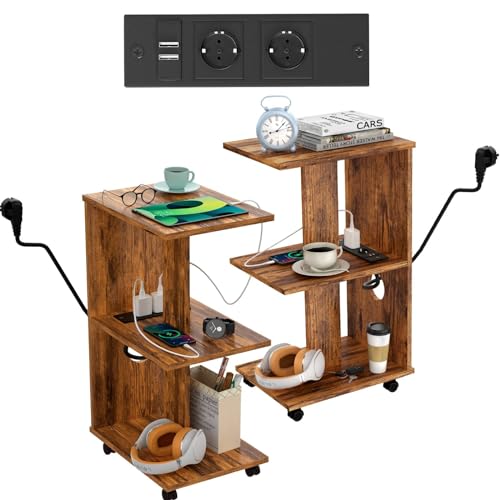 Nachttisch 2er Set mit Steckdose Beistelltisch mit Rollen Wohnzimmertisch E-Form Nachttische Schmal Brauner Vintage Nachtschrank mit Ladefunktion, 40x30x60cm Bedside Table für Schlafzimmer Wohnzimmer Nachttisch 2er Set mit Steckdose Beistelltisch mit Rollen Wohnzimmertisch E-Form Nachttische Schmal Brauner Vintage Nachtschrank mit Ladefunktion, 40x30x60cm Bedside Table für Schlafzimmer Wohnzimmer von Rcynview