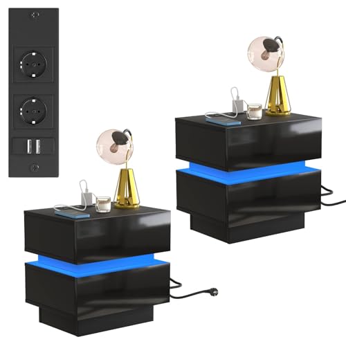 Rcynview 2er Set Nachttisch mit Steckdose LED, Nachttische Schwarz mit Led und Ladefunktion, Nachtschrank mit SchubladeNachtkommode für Wohnzimmer, Schlafzimmer (45x35x46cm) von Rcynview