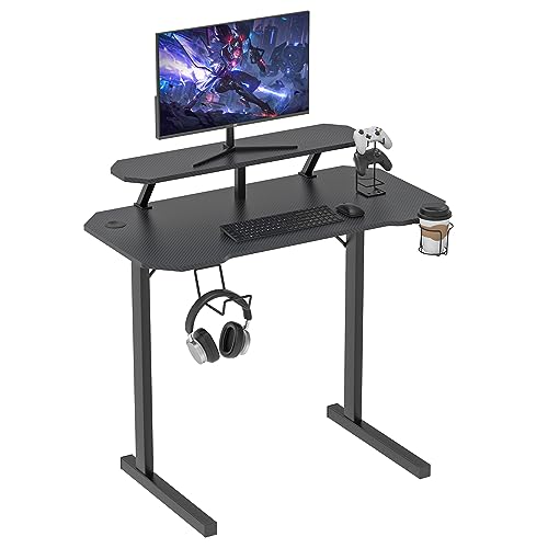 Rcynview Gaming Tisch mit Monitorständer T-förmiger Schreibtisch Schwarz Ergonomischer Computertisch Kohlefaserbeschichtung PC Tisch mit Getränkehalter Gamepad-Ständer Kopfhörerhalter 100x54x74cm von Rcynview