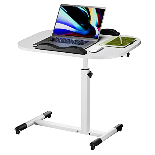 Rcynview Höhenverstellbarer Schreibtisch Weiß, Beistelltisch mit Rollen, Drehbare Klappbarer Tisch klein, computertisch Mobiler, 60×40cm laptoptisch, pc Standing Desk, stehpult für Sofa, Bett, Büro von Rcynview