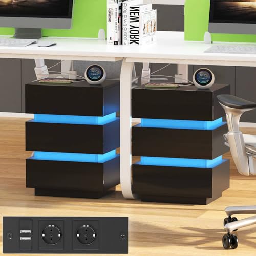 Rcynview Nachtschrank 2er Set Nachttisch mit Steckdose Ladefunktion Led Nachttische mit 3 Schubladen, Nachtkommode für Wohnzimmer, Schlafzimmer (45x35x62cm Beistelltisch, Nachttisch Schwarz) von Rcynview