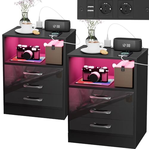 Rcynview Nachttisch 2er Set Nachttisch Schwarz mit Steckdose Hochglanz Nachttische Nachtschrank LED 16 Farben nachtisch 3 Schubladen Beistelltisch für Wohnzimmer Schlafzimmer 45x60x35cm Nachtkommode Rcynview Nachttisch 2er Set Nachttisch Schwarz mit Steckdose Hochglanz Nachttische Nachtschrank LED 16 Farben nachtisch 3 Schubladen Beistelltisch für Wohnzimmer Schlafzimmer 45x60x35cm Nachtkommode von Rcynview