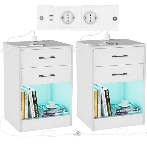 Rcynview Nachttisch 2er Set Nachttisch Weiß mit Steckdose Hochglanz Nachttische Nachtschrank LED 16 Farben Nachtisch 2 Schubladen Beistelltisch, 40x35x60cm Nachttische für Schlafzimmer Wohnzimmer von Rcynview