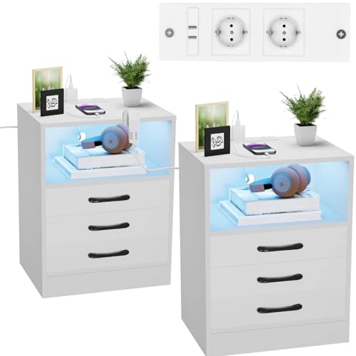 Rcynview Nachttisch 2er Set Nachttisch Weiß mit Steckdose Hochglanz Nachttische Nachtschrank LED 16 Farben Nachtisch 3 Schubladen Beistelltisch, 45x60x35cm Nachttische für Schlafzimmer Wohnzimmer von Rcynview
