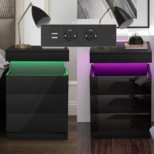 Rcynview Nachttisch 2er Set mit Steckdose Nachttische mit Led Licht Nachtschrank mit 3 Schubladen Versteckte Schiebeschränke Nachttisch Schwarz für Wohnzimmer Schlafzimmer, 40x45x67cm Beistelltisch Rcynview Nachttisch 2er Set mit Steckdose Nachttische mit Led Licht Nachtschrank mit 3 Schubladen Versteckte Schiebeschränke Nachttisch Schwarz für Wohnzimmer Schlafzimmer, 40x45x67cm Beistelltisch von Rcynview