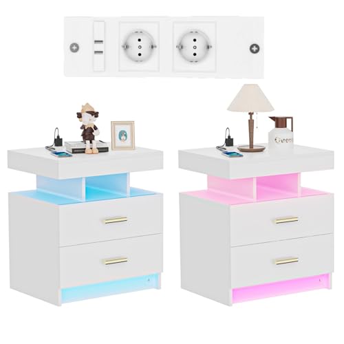 Rcynview Nachttisch Weiß, Nachttische LED mit Steckdose und Ladefunktion, nachtschrank 2er Set mit 2 Schublade Viel Stauraum, Nachtkästchen für Schlafzimmer Wohnzimmer, 50x40x58cm Beistelltisch von Rcynview