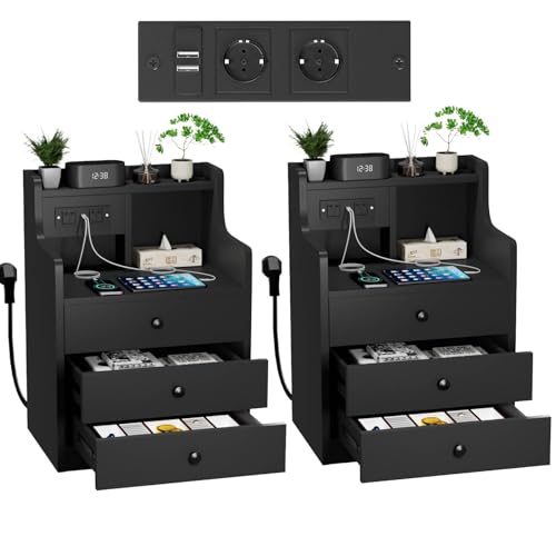 Rcynview Nachttisch mit Steckdose Beistelltisch Holz Nachtschrank 2er Set Nachtkästchen Sofatisch 3 Schubladen zur Aufbewahrung Nachttisch für Wohnzimmer Schlafzimmer Möbel, 45 x 35 x 68 cm Schwarz von Rcynview