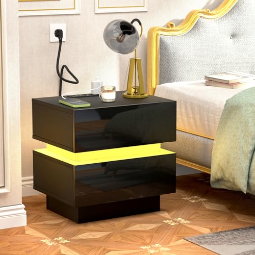 Rcynview Nachttisch mit Steckdose LED, Nachttische Schwarz mit Led und Ladefunktion, Nachtschrank mit SchubladeNachtkommode für Wohnzimmer, Schlafzimmer (45x35x46cm) von Rcynview