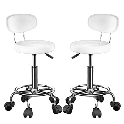 Rcynview Rollhocker Höhenverstellbar 2-teiliges Set, Barhocker mit Lehne Gepolsterter, Drehstuhl mit Rollen, Arbeitshocker für Haushalt Praxis Studio Salon Werkstatt, Weiß Hocker von Rcynview