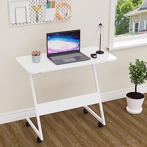 Rcynview Schreibtisch Holz mit Rollen, Beistelltisch in Z-Form, PC Tisch Wohnzimmer, Stabiler Computertisch für Gaming und Home Office, Laptoptisch fürs Bett, 80x40cm Tischplatte, Weiß Arbeitstisch von Rcynview