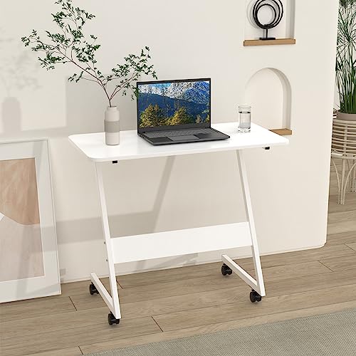 Rcynview Schreibtisch Holz mit Rollen, Beistelltisch in Z-Form, PC Tisch Wohnzimmer, Stabiler Computertisch für Home Office, Laptoptisch fürs Bett Sofa, 80x40cm Tischplatte, Weiß Arbeitstisch von Rcynview