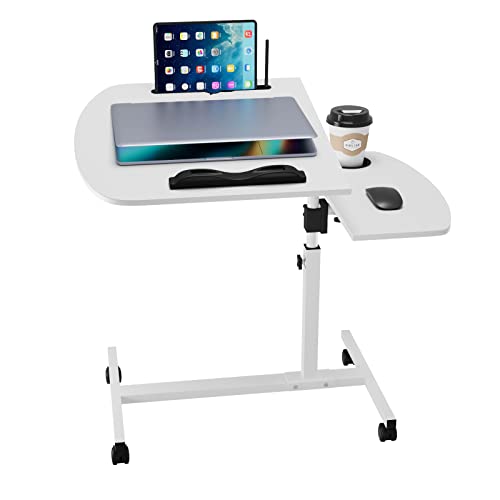 Rcynview Schreibtisch Weiß Beistelltisch Höhenverstellbar Winkeleinstellbarer, Tisch mit Rollen, Computertisch mit Anti-Rutsch-Stopper, Notebook-Ständer, Getränkehalter, 60x40cm Laptoptisch Mobiler von Rcynview