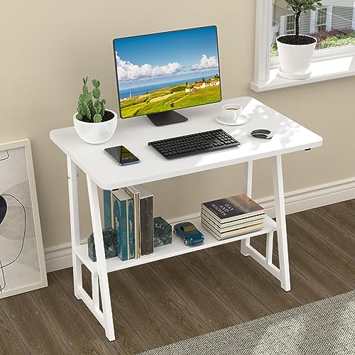 Rcynview Schreibtisch Weiß mit Bücherregal, PC Tisch mit Regal, Computertisch mit Regal, Ergonomischer Laptoptisch, 80x50x73cm Bürotisch, Arbeitstisch für das Heimbüro, Wohnzimmer von Rcynview