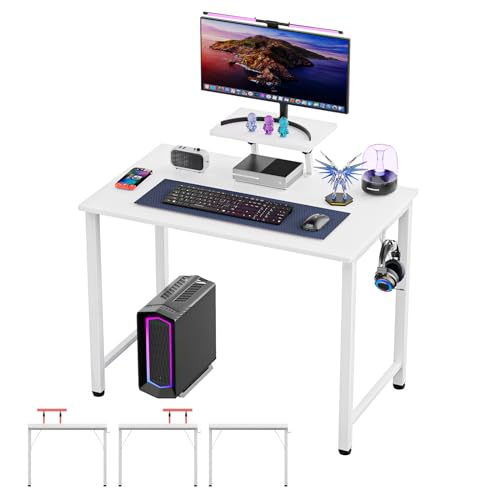 Rcynview Schreibtisch mit Kleiner Abnehmbarem Monitorständer+1 Haken, Stabiler Pc Gaming Tisch, Leicht Montierbarer Computertisch, Laptoptisch für Zuhause Büro und Wohnzimmer, 80 x 40 cm Desk, Weiß von Rcynview