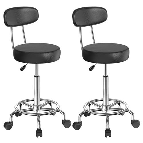 Schminktisch Stuhl mit Rollen 2er Set Barhocker Höhenverstellbar Hocker mit Lehne Gepolsterte Esszimmerstühle Drehbar Bürostuhl Ohne Armlehne Werkstatthocker Küchenhocker Leder Friseurstühle Schwarz von Rcynview