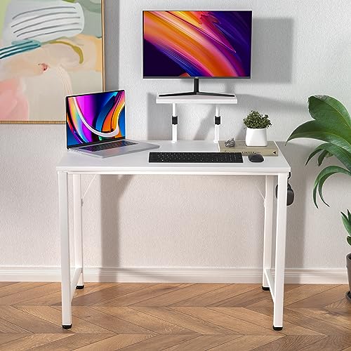 Schreibtisch mit Kleiner Abnehmbarem Monitorständer+1 Haken, Stabiler Pc Gaming Tisch, Leicht Montierbarer Computertisch, Laptoptisch für Zuhause Büro und Wohnzimmer, 80 x 40 cm Desk, Weiß Bürotisch von Rcynview