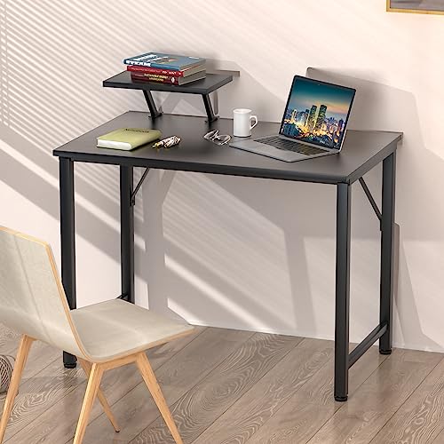 Schreibtisch mit Kleiner Abnehmbarem Monitorständer, Gaming Tisch Computertisch,Laptoptisch für Zuhause Büro und Wohnzimmer, Tischplatte mit Brauner Holzmaserung, Schwarzer Bürotisch, 80x40x74 cm von Rcynview