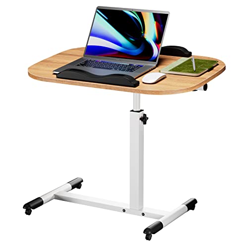 Schreibtisch mit Rollen, Beistelltisch Klappbar, Höhenverstellbarer Schreibtisch 61-95cm, Desktop Kann um 180 ° Flip mit 2 Stopp-Leisten, Tisch Wohnzimmer Laptoptisch Schlafzimmer, Braun Computertisch von Rcynview