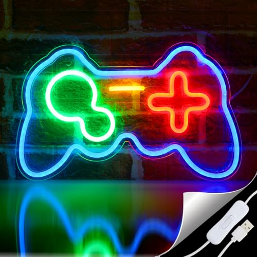 Rdutuok 41 x 27,5 cm USB Powered Gaming Lampe Wand Leuchtreklame Gamepad Controller Gaming Wandleuchten LED Spiel Blaue Gamer Neonlichter für Schlafzimmer Kinder Spielzimmer Party Dekoration von Rdutuok