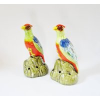 Vintage Blume Frosch Bird Figurine Hand Verziert 1950Er Jahre Japan Ikebana Set Von 2 von ReArcade