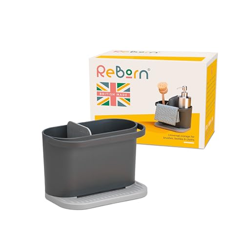 ReBorn - Recycelter Spülbecken-Ordner, Küchenspüle-Organizer, zwei Hauptfächer, integrierte Geschirrtuchstange, gerippter, abgeschrägter Boden zum Abtropfen - Made in Britain (Grau) von ReBorn