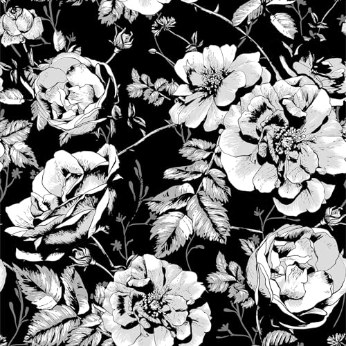 ReWallpaper 44,5CM × 7M Selbstklebende Tapete Schwarz Weiß Floral Tapete Blumen Vintage Tapete Schwarz Weiss Muster Möbelfolie Selbstklebend Blumen Vintage Tapete Badezimmer Wasserfest von ReWallpaper