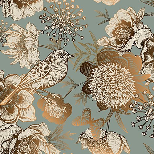 ReWallpaper 44.5CM X 7M Fototapete Blumen Vintage Selbstklebende Tapete Grün Gold Blumentapete Selbstklebend Tapete Türkis Gold Mit Vögeln und Blumen Klebe Tapete Wand Klebefolie Möbel Muster Folie von ReWallpaper