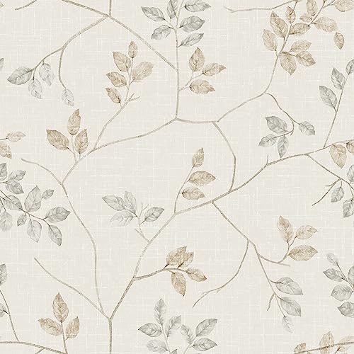ReWallpaper 44.5CMx7M Selbstklebende Tapete Blätter Klebefolie Beige Vintage Möbelfolie Beige Muster Laub Klebetapete Wand Schlafzimmer Wohnzimmer Flur Tapete Tropische Blätter Abnehmbar von ReWallpaper