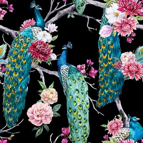 ReWallpaper 44.5cmx12m Selbstklebende Tapete Schwarz Folie für Möbel Schwarze Muster Pfau mit Blumen Rosa Tapete Grün Vintage Fototapete Schlafzimmer Blau Mustertapete Schwarz Grün Floral von ReWallpaper