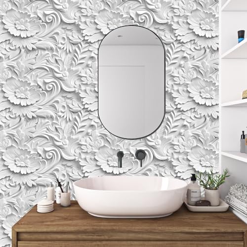 ReWallpaper 44.5cm×7m Fototapete 3d Effekt Modern Tapete Blumen Selbstklebend Folie für Möbel Weiß Tapeten Wohnzimmer Modern Selbstklebende Folie Weiß Struktur Klebefolie Küchenschränke von ReWallpaper