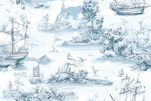 ReWallpaper Blau Weiß Möbelfolie Toile De Jouy Selbstklebende Tapete Landschaft Segelboot 44.5CMx7M Folie für Küchenschränke Hellblau Klebetapete Selbstklebend Wand Muster Badezimmer Wasserfest von ReWallpaper
