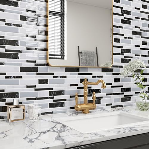 ReWallpaper Klebefliesen Küche Hitzebeständig 17 Stück Metro Fliesen Selbstklebend Grau Schwarz Weiß Fliesenaufkleber Marmor 3d für Bad Wasserfest Wandfliesen Selbstklebend Grau 30.5x30.5cm von ReWallpaper