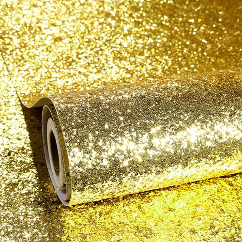 ReWallpaper Klebefolie Gold Glitzer Selbstklebende Tapete Pailletten Dekorfolie für Wand Türen Kühlschrank Glitzer Wandtapete Schlafzimmer 40CMx3M Dicke Glitzerfolie Selbstklebend Gold Textil von ReWallpaper