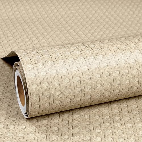 ReWallpaper Klebefolie Möbel Rattan Selbstklebende Folie Beige für Schrank Kühlschränke Tür Tapete Landhausstil Beige 40CMx3M Wandtapete Rattanoptik Tapete Moderne Wohnzimmer Schlafzimmer von ReWallpaper