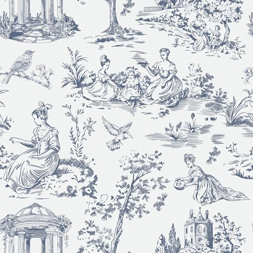 ReWallpaper Klebefolie Weiß Blau Selbstklebende Tapete Blau Muster Toile de Jouy Folie für Möbel 44.5CM×3M Vinyl Tapete Badezimmer Wasserfest Motiv Selbstklebende Folie für Schränke Küche von ReWallpaper