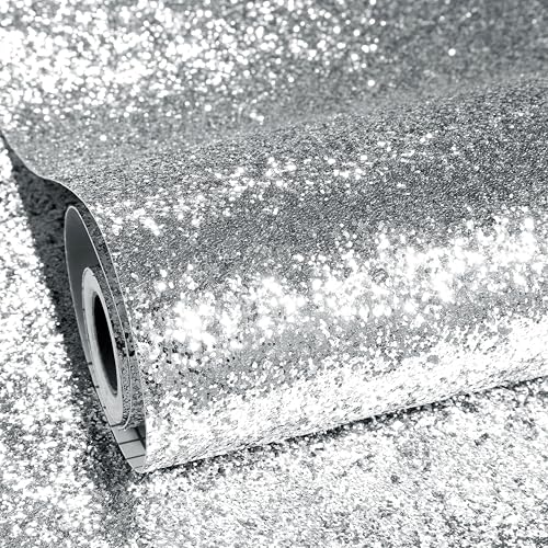 ReWallpaper Klobiger Glitzer Tapete Selbstklebende Tapete Pailletten 40CM×7M Folie für Möbel Kinderzimmer Tisch Basteln Pailletten Glitzer Bad Wandtapete Selbstklebend Silber Wasserfest von ReWallpaper