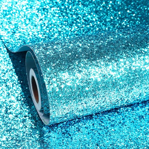ReWallpaper Pailletten Glitzer Tapete Blau 60CMx5M Möbelfolie Glitzer Wasserfest Klebetapete Bad Küche Blau Kinder Tapete Art Deco für Tisch Schränke Dicke Glitzerfolie Selbstklebend Rolle von ReWallpaper